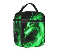 Mexpekil Borsa termica per il pranzo per bambini, ragazzi e ragazze, motivo drago di fuoco verde, riutilizzabile, termica, a tenuta stagna, per scuola, lavoro, ufficio, campeggio