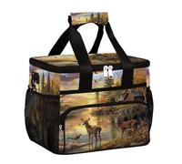 Mexpekil Borsa termica riutilizzabile a prova di perdite per il pranzo al tramonto con fiume al tramonto con cervi, picnic, motivo con uccelli, borsa termica per donne e uomini, lavoro, campeggio