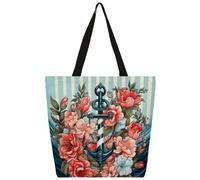 Mexpekil Borsa tote in tela a righe con ancora e fiori per donne e ragazze borse per la spesa riutilizzabili grandi borse da donna borsa a tracolla multiuso