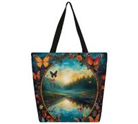 Mexpekil Borsa tote in tela a specchio con fiori e farfalle, per donne e ragazze, riutilizzabile, borsa per la spesa grande, borsa a tracolla multiuso da donna