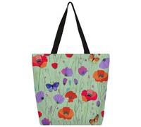 Mexpekil Borsa tote in tela colorata con papaveri e farfalle, per donne e ragazze, riutilizzabile, per la spesa, grande, borsa a tracolla multiuso