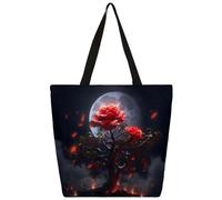 Mexpekil Borsa tote in tela con albero di rose magiche e luna, per donne e ragazze, riutilizzabile, borsa per la spesa grande, borsa a tracolla multiuso da donna