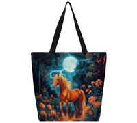 Mexpekil Borsa tote in tela con cavallo arancione, foresta e luna, per donne e ragazze, riutilizzabile, borsa per la spesa grande, borsa a tracolla multiuso