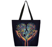 Mexpekil Borsa tote in tela con cuore con mani e musica, per donne e ragazze, riutilizzabile, borsa per la spesa grande, borsa a tracolla multiuso