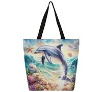 Mexpekil Borsa tote in tela con delfino, stella marina, conchiglie, per donne e ragazze, riutilizzabile, per la spesa, grande, borsa a tracolla multiuso