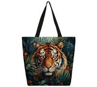 Mexpekil Borsa tote in tela con faccia di tigre e foresta tropicale, per donne e ragazze, riutilizzabile, borsa per la spesa grande, borsa a tracolla multiuso da donna