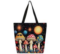 Mexpekil Borsa tote in tela con funghi e fiori e luna, per donne e ragazze, riutilizzabile, per la spesa, grande, borsa a tracolla multiuso