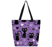 Mexpekil Borsa tote in tela con gatti neri e cuori, per donne e ragazze, riutilizzabile, borsa per la spesa grande, borsa a tracolla multiuso da donna