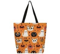 Mexpekil Borsa tote in tela con gatto e zucca fantasma, per donne e ragazze, riutilizzabile, borsa per la spesa grande, borsa a tracolla multiuso da donna