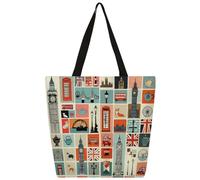 Mexpekil Borsa tote in tela con icone di Londra, per donne e ragazze, riutilizzabile, borsa per la spesa, grande, borsa a tracolla multiuso