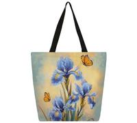 Mexpekil Borsa tote in tela con motivo di iris blu con farfalle, per donne e ragazze, riutilizzabile, per la spesa, grande, borsa a tracolla multiuso