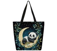 Mexpekil Borsa tote in tela con panda e luna, per donne e ragazze, riutilizzabile, per la spesa, grande, borsa a tracolla multiuso