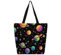 Mexpekil Borsa tote in tela con pianeti e lune, stelle fluo, per donne e ragazze, riutilizzabile, borsa per la spesa grande, borsa a tracolla multiuso