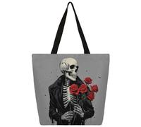 Mexpekil Borsa tote in tela con scheletro che tiene rose per donne e ragazze borse per la spesa riutilizzabili grandi borse da donna borsa a tracolla multiuso