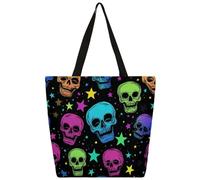 Mexpekil Borsa tote in tela con teschi al neon e stelle, per donne e ragazze, riutilizzabile, per la spesa, grande, borsa a tracolla multiuso