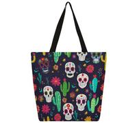 Mexpekil Borsa tote in tela con teschi messicani, fiori di cactus, per donne e ragazze, riutilizzabile, borsa per la spesa grande, borsa a tracolla multiuso