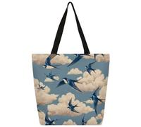 Mexpekil Borsa tote in tela con uccelli volanti e nuvole, per donne e ragazze, riutilizzabile, borsa per la spesa grande, borsa a tracolla multiuso da donna