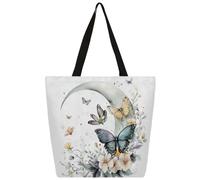 Mexpekil Borsa tote in tela floreale con farfalla e luna ad acquerello per donne ragazze borse per la spesa riutilizzabili grandi borse da donna borsa a tracolla multiuso