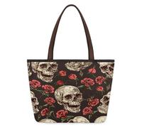 Mexpekil Borsa tote riutilizzabile da donna, con teschio di zucchero, Halloween, rosa rossa, stampa scheletro, grande capacità, graziosa borsa a tracolla per shopping, spesa, lavoro, libro, Teschio di