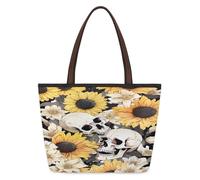 Mexpekil Borsa tote riutilizzabile da donna, teschio, floreale, Halloween, scheletro gotico, girasole, grande capacità, borsa a tracolla carina per shopping, spesa, lavoro, libro, Teschio floreale