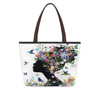 Mexpekil Borsa tote riutilizzabile per donne, silhouette di ragazza alla moda con acconciatura floreale colorata, grande capacità, borsa a tracolla carina per shopping, spesa, lavoro, libro, Moda