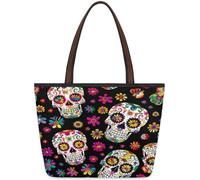 Mexpekil Borsa tote riutilizzabile per donne, teschio, Halloween, scheletro, floreale, giorno dei morti, grande capacità, borsa a tracolla carina per shopping, spesa, lavoro, libro, Teschio di