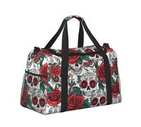 Mexpekil Borsone da viaggio con teschi e rose rosse, borsa da viaggio, impermeabile, per sport, palestra, danza, grande, per weekender, per la notte, pieghevole, da viaggio, per donne e uomini, Teschi