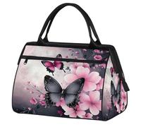 Mexpekil Borsone da viaggio impermeabile borsa da palestra Carry On Weekend Borse per la notte Grande bagaglio a mano borse per donne uomini bambini, Farfalla Nera Fiori Rosa