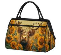 Mexpekil Borsone da viaggio impermeabile borsa da palestra Carry On Weekend Borse per la notte Grande bagaglio a mano borse per donne uomini bambini, Girasoli della mucca delle Highland