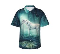 Mexpekil Camicia hawaiana da uomo con unicorno bianco nella foresta, camicia casual a maniche corte con bottoni, camicia estiva per spiaggia e vacanze, Multicolore, L