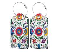 Mexpekil Confezione da 2 etichette per bagagli con anelli in acciaio inox, etichette per valigie in pelle, arte popolare, floreale, identificatore per bagagli, protezione della privacy, etichette per