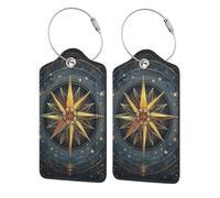 Mexpekil Confezione da 2 etichette per bagagli con anelli in acciaio inox, etichette per valigie in pelle, compasso, costellazioni luminose, identificatori per bagagli da viaggio, protezione della