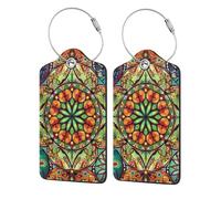 Mexpekil Confezione da 2 etichette per bagagli con anelli in acciaio inox, etichette per valigie, in pelle, colorate, mandala, indiana, etnica, identificativa per bagagli, protezione della privacy