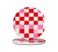 Mexpekil Confezione da 2 sottobicchieri per auto con base in sughero antiscivolo, a scacchiera rosa rossa, assorbenti, in ceramica, per bevande, accessori universali per auto per donne e uomini