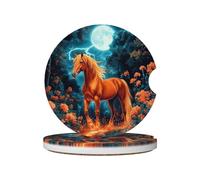 Mexpekil Confezione da 2 sottobicchieri per auto con base in sughero antiscivolo, arancione, cavallo, foresta, luna, assorbenti, in ceramica, per bevande, accessori universali per auto per donne e