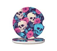 Mexpekil Confezione da 2 sottobicchieri per auto con base in sughero antiscivolo bianco blu teschio rosa assorbenti in ceramica sottobicchieri per bevande accessori universali per auto per donne