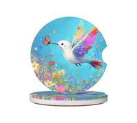 Mexpekil Confezione da 2 sottobicchieri per auto con base in sughero antiscivolo, colibrì che volano floreale, colorati, assorbenti, in ceramica, per bevande, accessori universali per auto per donne e