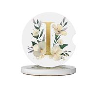 Mexpekil Confezione da 2 sottobicchieri per auto con base in sughero antiscivolo con lettera I a forma di fiore, assorbenti, in ceramica, per bevande, accessori universali per auto per donne e uomini