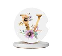 Mexpekil Confezione da 2 sottobicchieri per auto con base in sughero antiscivolo con lettera V a forma di fiore, assorbenti, in ceramica, per bevande, accessori universali per auto per donne e uomini