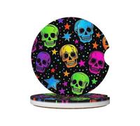 Mexpekil Confezione da 2 sottobicchieri per auto con base in sughero antiscivolo con teschi in stile cartone animato stelle assorbenti sottobicchieri in ceramica per bevande, accessori universali per
