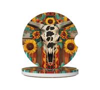 Mexpekil Confezione da 2 sottobicchieri per auto con base in sughero antiscivolo con teschio di pecora, girasole, assorbenti, in ceramica, per bevande, accessori universali per auto per donne e uomini