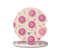 Mexpekil Confezione da 2 sottobicchieri per auto con base in sughero antiscivolo, dischi in vinile rosa, note musicali, assorbenti, in ceramica, per bevande, accessori universali per auto per donne e