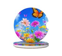 Mexpekil Confezione da 2 sottobicchieri per auto con base in sughero antiscivolo, fiori colorati, farfalle, cielo, assorbenti, in ceramica, per bevande, accessori universali per auto per donne e