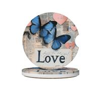 Mexpekil Confezione da 2 sottobicchieri per auto con base in sughero antiscivolo, lettere d'amore, farfalle, assorbenti, in ceramica, per bevande, accessori universali per auto per donne e uomini