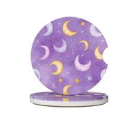 Mexpekil Confezione da 2 sottobicchieri per auto con base in sughero antiscivolo, luna viola, stelle, assorbenti, in ceramica, per bevande, accessori universali per auto per donne e uomini