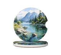 Mexpekil Confezione da 2 sottobicchieri per auto con base in sughero antiscivolo, montagna, foresta, fiume, natura, assorbenti, in ceramica, per bevande, accessori universali per auto per donne e