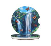 Mexpekil Confezione da 2 sottobicchieri per auto con base in sughero antiscivolo, motivo: cascata, montagna, farfalla, assorbenti, in ceramica, per bevande, accessori universali per auto per donne e