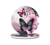 Mexpekil Confezione da 2 sottobicchieri per auto con base in sughero antiscivolo, motivo farfalla nera, fiori rosa, assorbenti, in ceramica, per bevande, accessori universali per auto per donne e