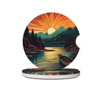 Mexpekil Confezione da 2 sottobicchieri per auto con base in sughero antiscivolo, motivo: nave fiume tramonto, assorbenti, in ceramica, per bevande, accessori universali per auto per donne e uomini