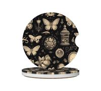 Mexpekil Confezione da 2 sottobicchieri per auto con base in sughero antiscivolo, retro orologio a farfalla, assorbenti, in ceramica, per bevande, accessori universali per auto per donne e uomini